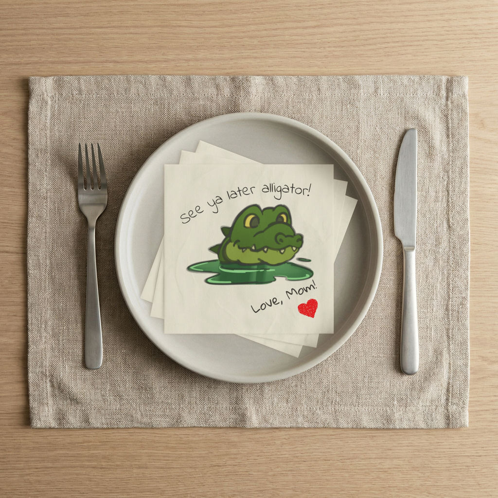 Momkins — "See Ya Later Alligator! Love, Mom" Cute Alligator Beverage Napkins for Kids’ Parties & Family Meals