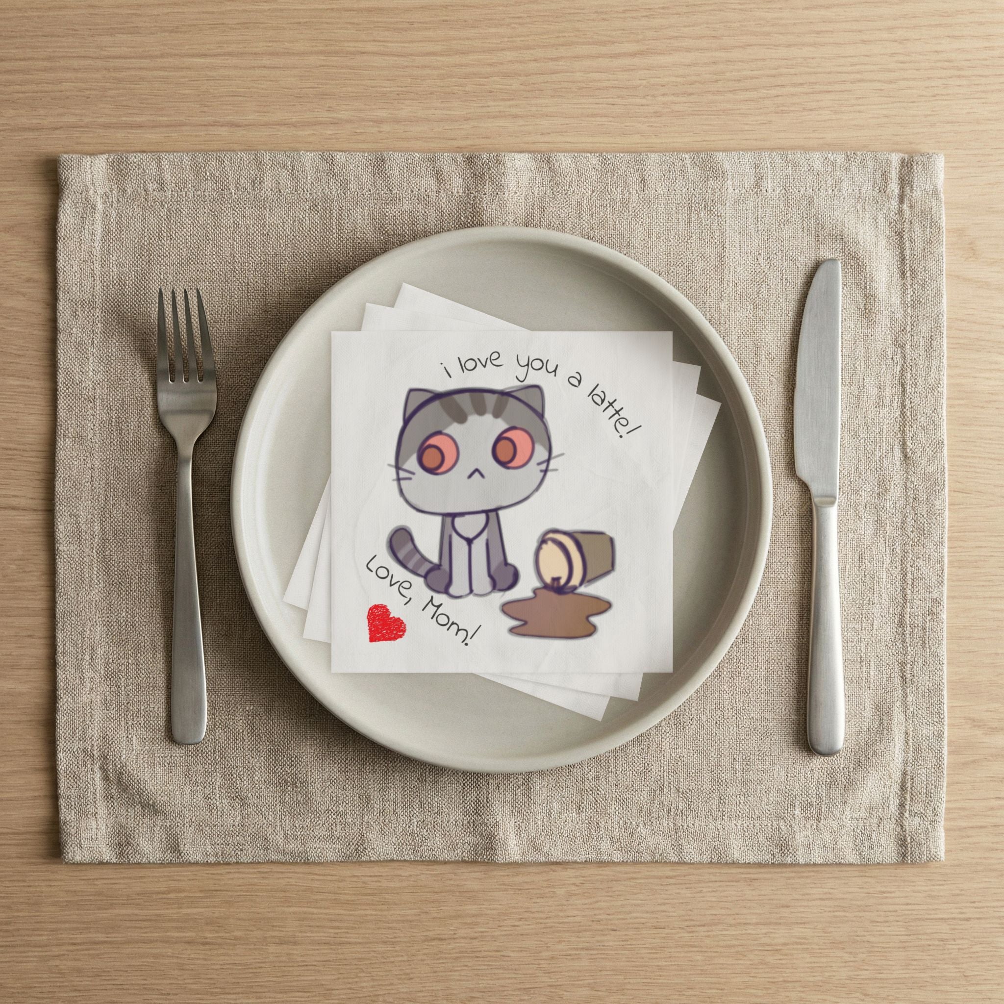 Momkins — Cute Cat 'I Love You a Latte! Love, Mom' Coffee Spill Design