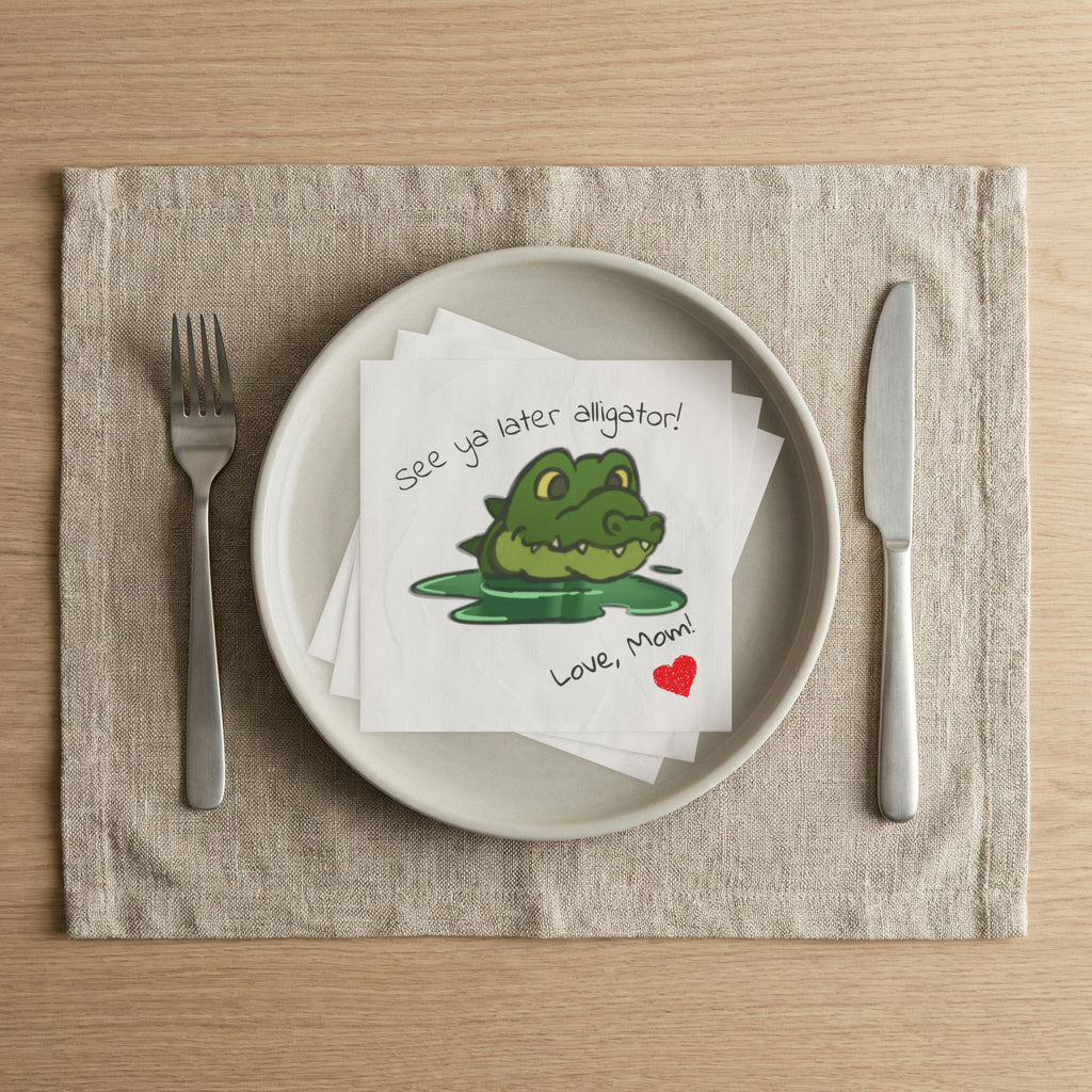 Momkins — "See Ya Later Alligator! Love, Mom" Cute Alligator Beverage Napkins for Kids’ Parties & Family Meals