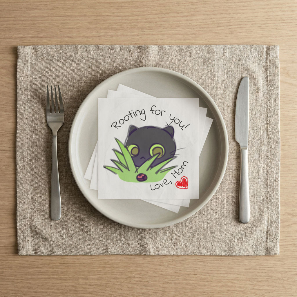 Momkins — "Rooting for You! Love, Mom" Cute Black Cat Encouragement Napkins